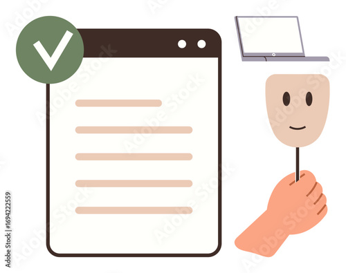 Browser window with checklist and green checkmark, laptop, and a hand holding a smiling mask. Ideal for identity, anonymity, approval, security, trust digital authentication privacy. Minimalist