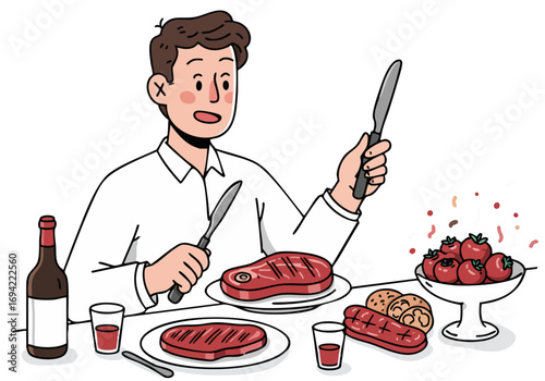 A man enjoys a steak feast, playfully wielding a knife and fork. Vibrant food and drink surround him, creating a celebratory mood. Modern illustration style.