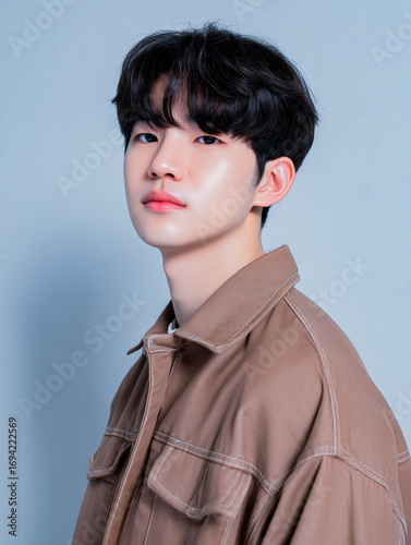 Stylish Korean Man With Gray Jacket in Indoor Studio Light