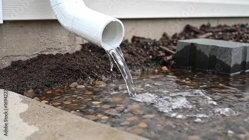 Water Flowing from a White Downspout Causing Pooling, Preventing Water Damage Near Foundation, Excess Water Flooding from Downspout in Residential Area
