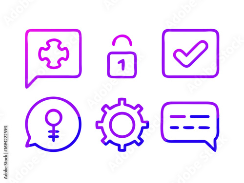 Set of six modern gradient icons including a medical cross unlocked padlock with number one checkmark female symbol gear and chat bubble