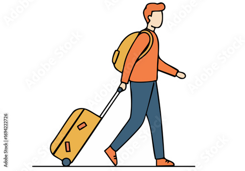 A man walks with a suitcase, enjoying a journey. Simple, clean illustration style. Focus on ease and travel.
