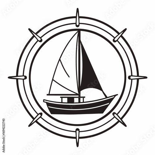 Stylized black and white illustration of a sailboat within a compass rose representing nautical adventure and exploration