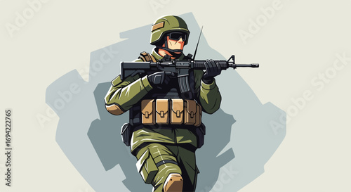 Stylized Depiction of a Modern Soldier Holding a Rifle in an Urban Battlefield Ambience