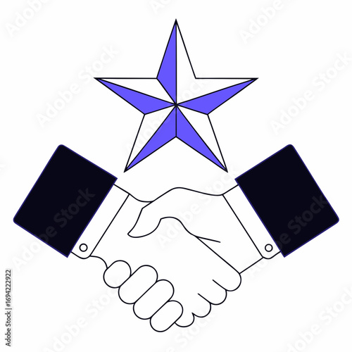 Two business professionals shaking hands with a blue star above symbolizing success partnership and achievement in a clean graphic illustration