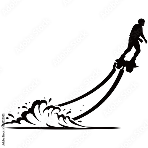 black and white silhouette of a Flyboarding vector on a white background