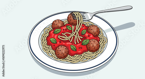 Illustrative depiction of traditional spaghetti with meatballs, fork, vibrant tomato sauce and aromatic basil leaves in stylized cartoonish style
