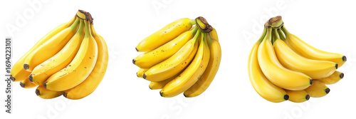 Three bunches of ripe yellow bananas with brown spots on a transparent background isolated on a transparent background