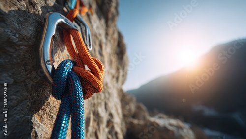 Close-up of climbing equipment on a rock face, sunlit