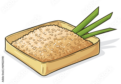 A rustic, textured rice spirit gift presented in a woven box with lemongrass. Warm tones and a simple, appealing composition ideal for food, culture, or lifestyle imagery.