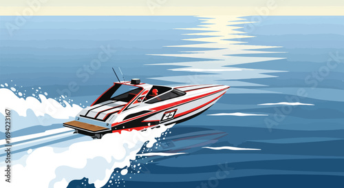 High-Speed Luxury Powerboat Cruising on Calm Ocean Waters, Evoking a Sense of Freedom and Excitement on the Serene Sea