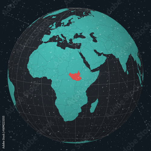 South Sudan on Globe. Vintage look with grunge scratched texture. Country view on world map in Dark Charcoal Turquoise color palette. South Sudan shape on map. Globe with meridians and parallels.