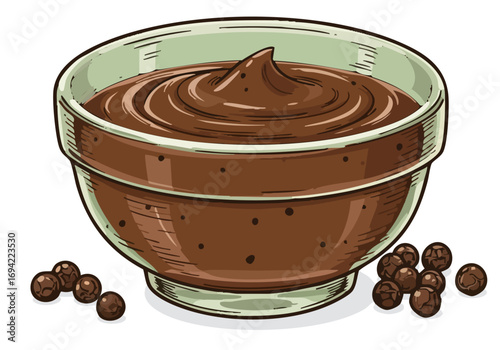 A stylish glass bowl filled with rich sauce cream art, accented with peppercorns. Clean, illustrative design perfect for food, culinary, or lifestyle visuals.