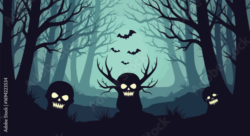 Enigmatic Specters in the Forest Depths: A Haunting Halloween Scene with Glooming Skulls and Eerie Bats in the Night 5