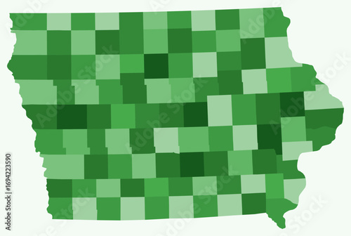Map of Iowa with counties. Just a simple state border map with county division. Green color palette. Plain State of Iowa shape with administrative division. Vector illustration.