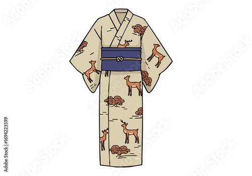A stylish woman in a traditional Japanese kimono with deer motifs stands gracefully.  Perfect for cultural, festival, or Asian-themed visuals. Clean, modern illustration.