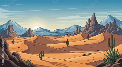 Scenic desert landscape with sandstone formations and towering cacti under a warm, sun-kissed sky providing a peaceful and captivating vista