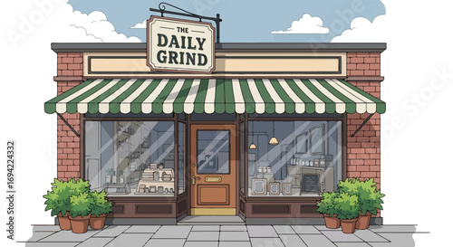 Whimsical cartoon storefront illustration showcasing a charming brick building with awnings and window displays that exude a cozy shop ambiance