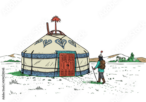 stylized illustration depicts a yurt in a Mongolian landscape A traveler stands before it showcasing nomadic culture Vibrant colors and detailed linework create a visually appealing scene