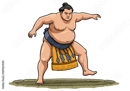 Sumo wrestler performs the 'Salt Stomp Ritual' in a stylized illustration Bold lines and vibrant colors create a dynamic and engaging image suitable for various commercial applications