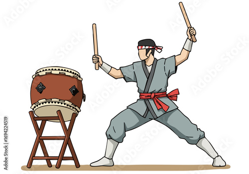 Taiko festival performers strike dynamic beat with drums and sticks A vibrant illustration captures the energy of this traditional Japanese celebration 