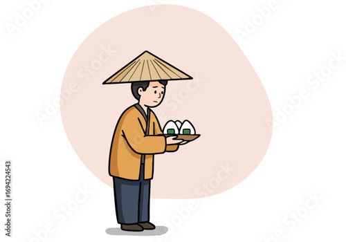traditional Japanese man offers rice cakes with a solemn expression showcasing a cultural ritual Soft colors and a simple background highlight the offering Suitable for heritage and tradition themes
