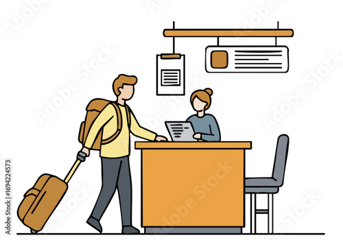 A traveler checks in at a hotel, dragging luggage. A friendly receptionist assists. Clean, modern illustration style. Perfect for travel and hospitality themes.