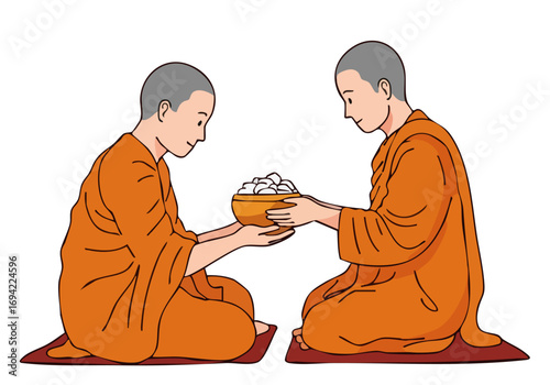 Two monks exchange offerings of merit. A serene scene of Buddhist tradition, showcasing generosity and spiritual practice. Clear composition, warm tones, and focused subjects.