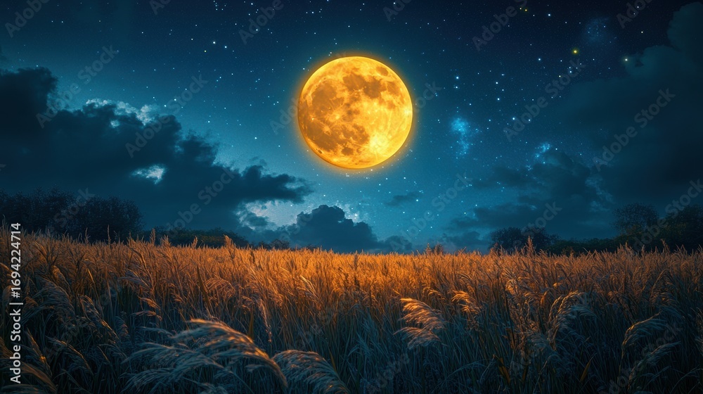 Fototapeta premium Full moon and Japanese pampas grass in midnight,The harvest Miscanthus sinensis and full moon,beautiful night sky in the countryside with the perfect moon exudes beauty in the dark.