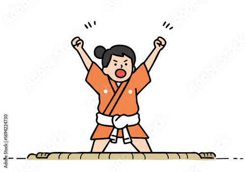 vibrant illustration depicts a  sumo wrestler cheering with arms raised wearing a traditional kimono and belt Bold colors and dynamic pose create an energetic and joyful scene