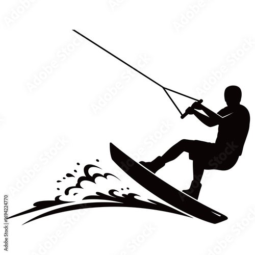 black and white silhouette of a Wakeboarding vector on a white background