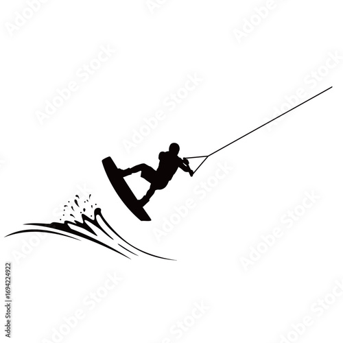 black and white silhouette of a Wakeboarding vector on a white background