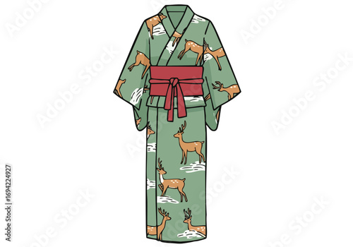 woman dressed in a festive kimono with deer pattern stands gracefully The image showcases traditional Japanese attire ideal for cultural themes and decorative designs Clear simple composition