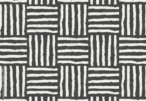 Abstract grid pattern with hand drawn black and white lines, seamless background with freehand hatchings and woven brushstrokes, geometric texture for textile and wallpaper flat vector illustration.
