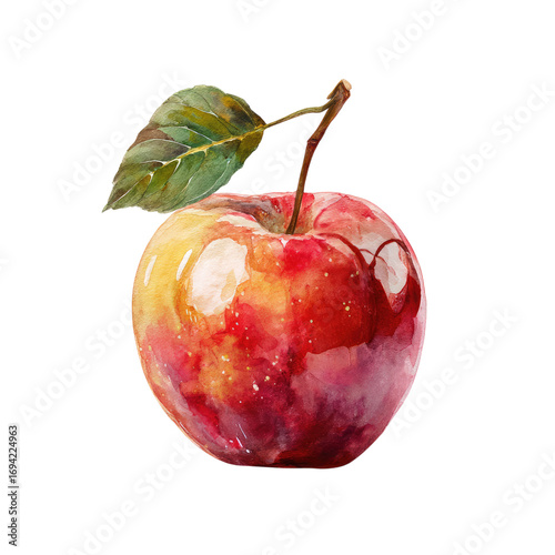 Vibrant watercolor apple with green leaf on a dark background.