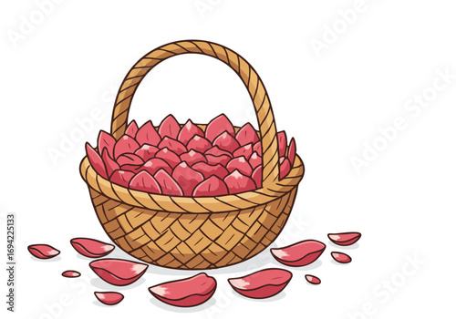 woven basket overflows with rose petals presented as a 'Petal Offering Craft' A charming detailed illustration with a soft pastel background Ideal for floral gift or crafting themes