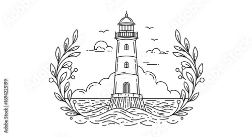 A picturesque lighthouse scene with a setting sun and laurel branches, isolated on white background, capturing the essence of coastal beauty and maritime heritage
