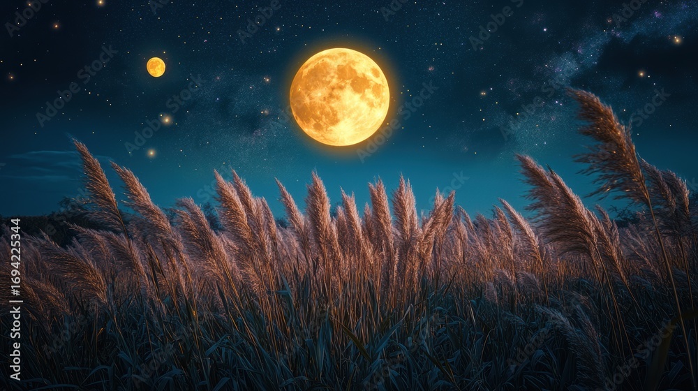 Fototapeta premium Full moon and Japanese pampas grass in midnight,The harvest Miscanthus sinensis and full moon,beautiful night sky in the countryside with the perfect moon exudes beauty in the dark.