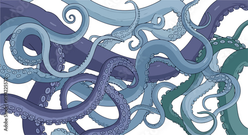A captivating array of intertwining octopus tentacles creating a mesmerizing aquatic design background, with varying shades of blue and purple hues