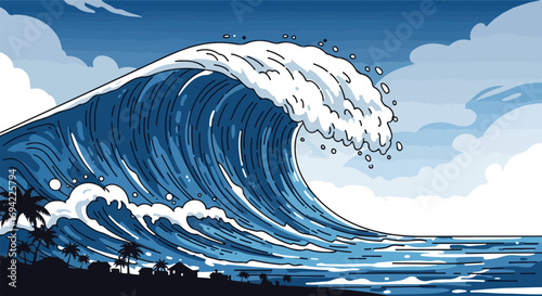 Dramatic illustration of a massive ocean wave looming over a tropical shoreline with coconut trees and small structures casting shadows against the
