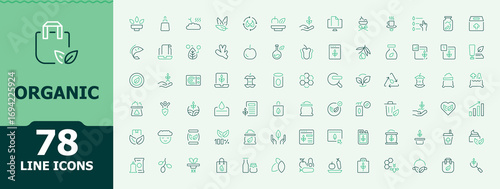 Set of Organic colorful line icon. It contains symbols to vegan, farming, ecological, eco, nature and more. Minimal icons collection. Healthy related icon set. Vector illustration.