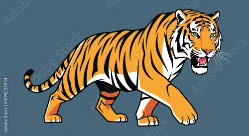Captivating cartoon-style tiger illustration showcasing its majestic stride on a plain backdrop embodying wildlife charm