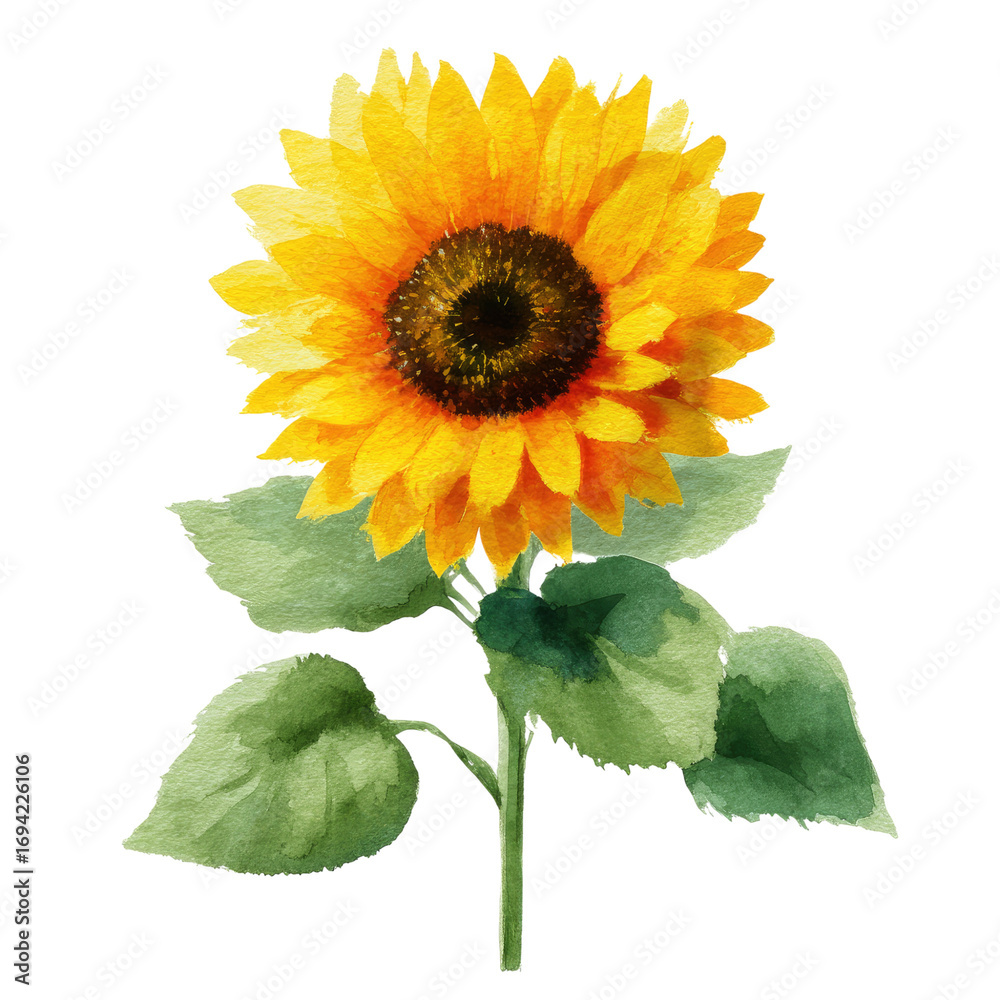 Fototapeta premium Watercolor vibrant sunflower head with green leaves isolated on black background.