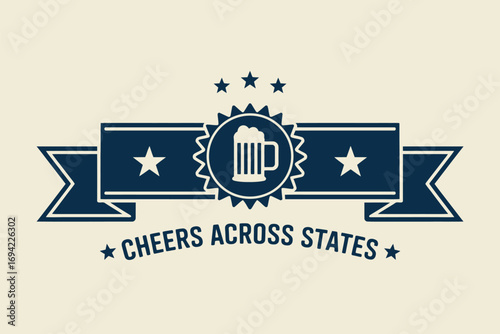 A cheers across states logo with a beer mug on a ribbon with stars on a cream colored background