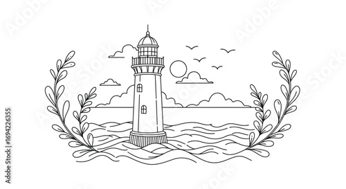 A picturesque lighthouse scene with a setting sun and laurel branches, isolated on white background, capturing the essence of coastal beauty and maritime heritage