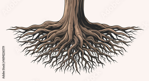 Detailed depiction of a tree's root system showcasing its intricate network and earthy textures demonstrating resilience and interconnectedness