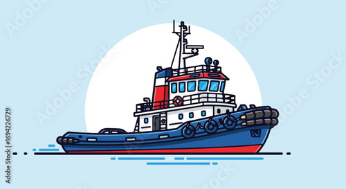 Detailed cartoon illustration of a blue and white tugboat on a light blue background featuring a prominent white circular shape, showcasing its design