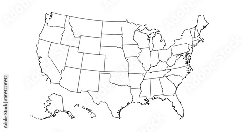 Detailed Outline Map of the United States of America with Individual States and Borders Displayed Clearly Depicted on a White Background