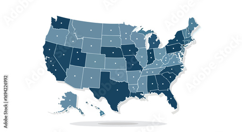 Stylized United States map illustration showcasing geographic states data and demographic division variations across states