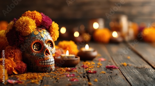 Sugar skull with vivid patterns and marigolds, placed on wooden table with scattered petals. Spiritual Mexican holiday photo capturing beauty, ritual, and honoring of family heritage